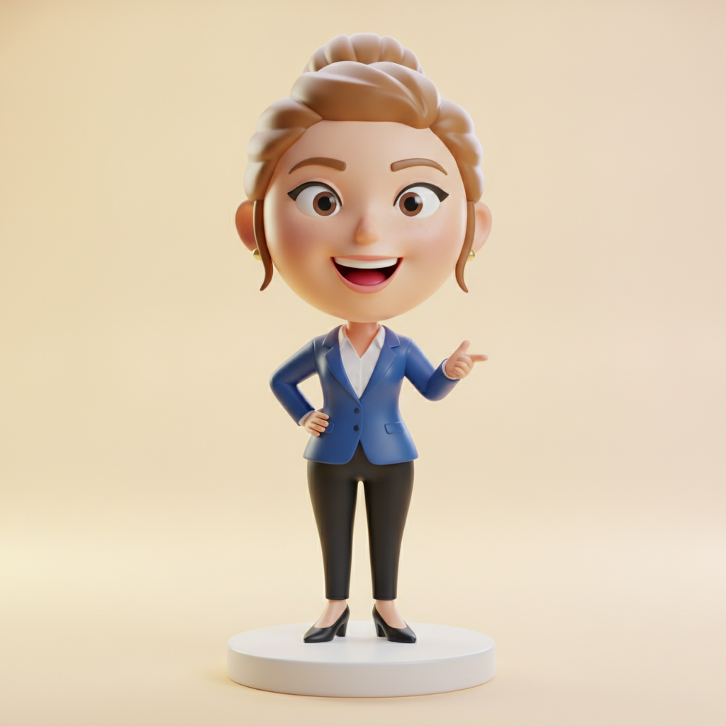 AI 3D caricature of a confident businesswoman in a blazer with a big head and small body rendered as a polished 3D cartoon figurine