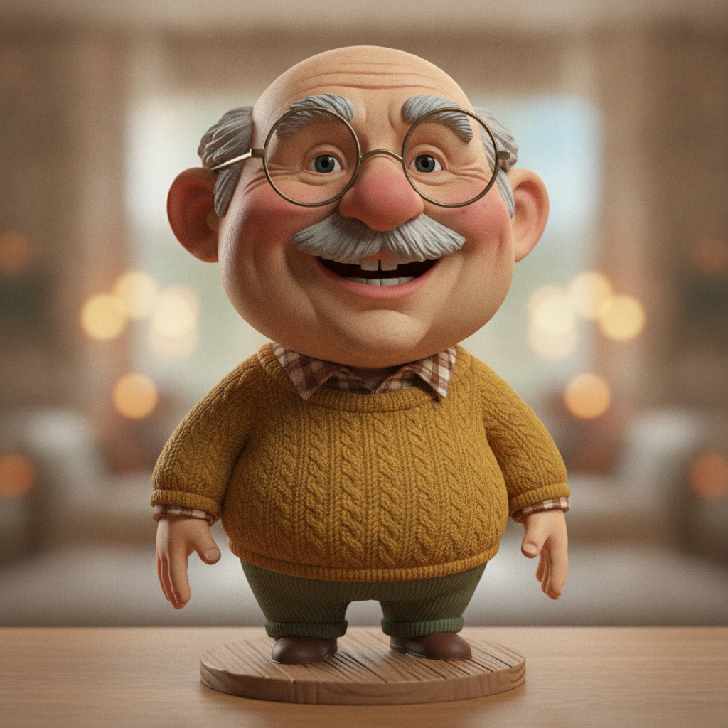 AI 3D caricature of an elderly man with round glasses and a grey mustache rendered as a collectible vinyl toy figurine with detailed textures