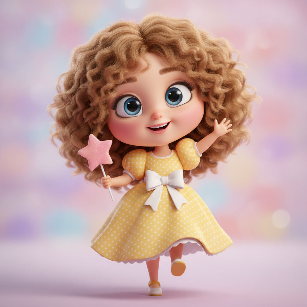 AI 3D caricature of a cute girl with curly hair in a yellow dress rendered in bright candy colors in a Disney-Pixar 3D style
