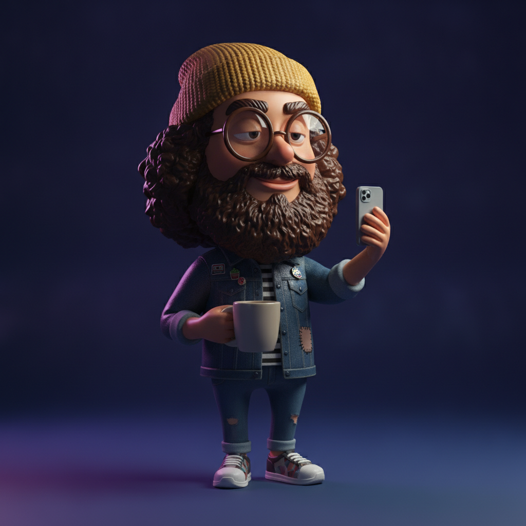 AI 3D caricature of a bearded hipster in a beanie and denim jacket rendered as a glossy 3D figurine with dramatic studio lighting on a dark background