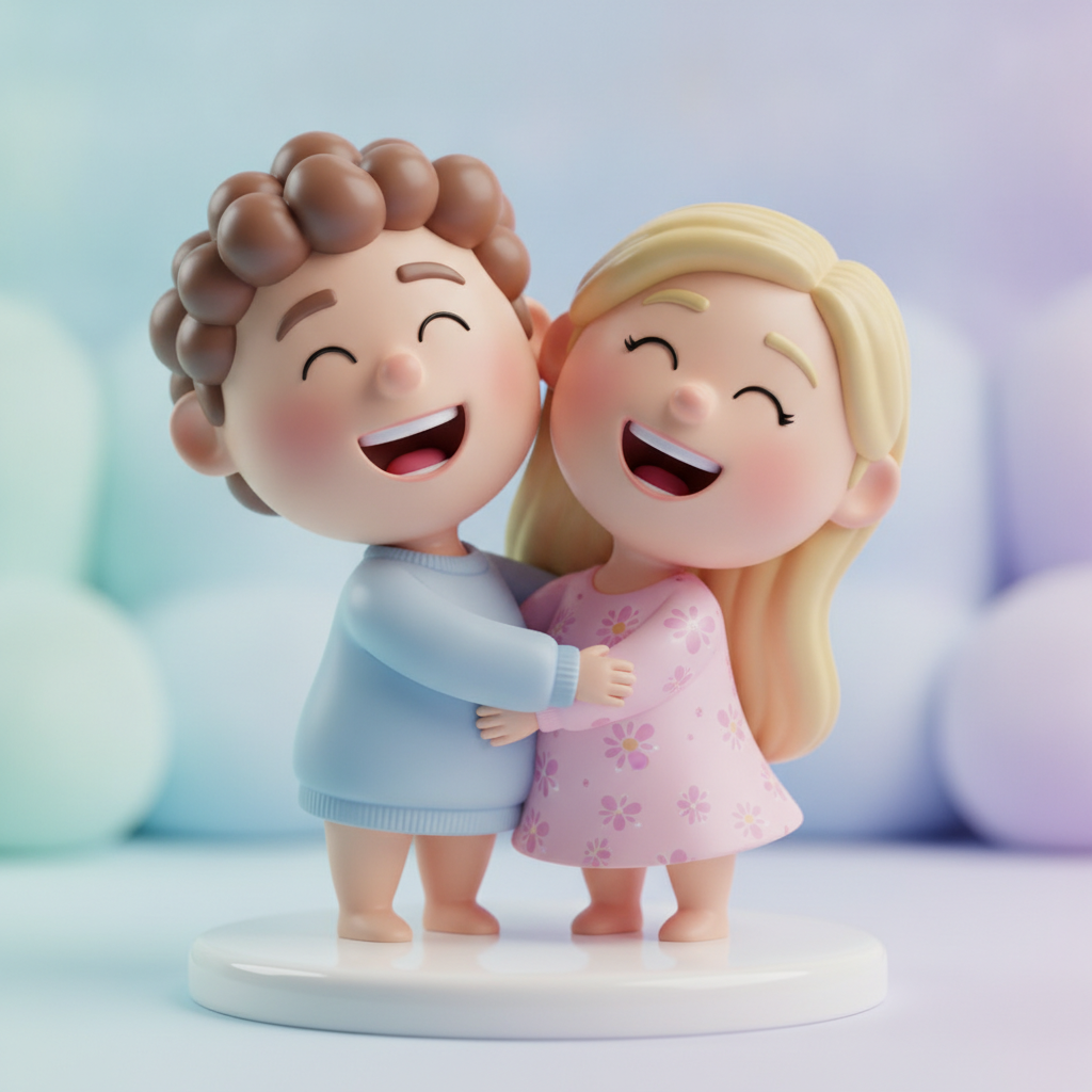 AI 3D caricature of a happy couple hugging with big heads and small bodies rendered as a glossy figurine on a soft pastel background, ideal as a gift