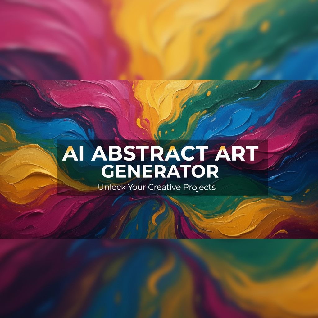 AI abstract art generator banner — vibrant abstract painting with flowing organic shapes, magenta cobalt blue golden yellow emerald gradient washes, gallery-quality AI abstract images for creative projects