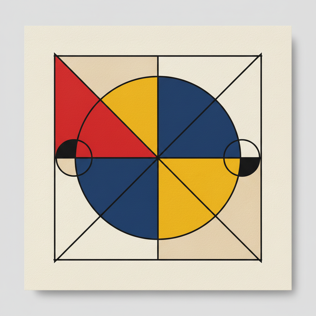 AI abstract art panel — Bauhaus-inspired geometric composition with overlapping triangles and circles in red blue yellow on cream, AI creative art for design inspiration