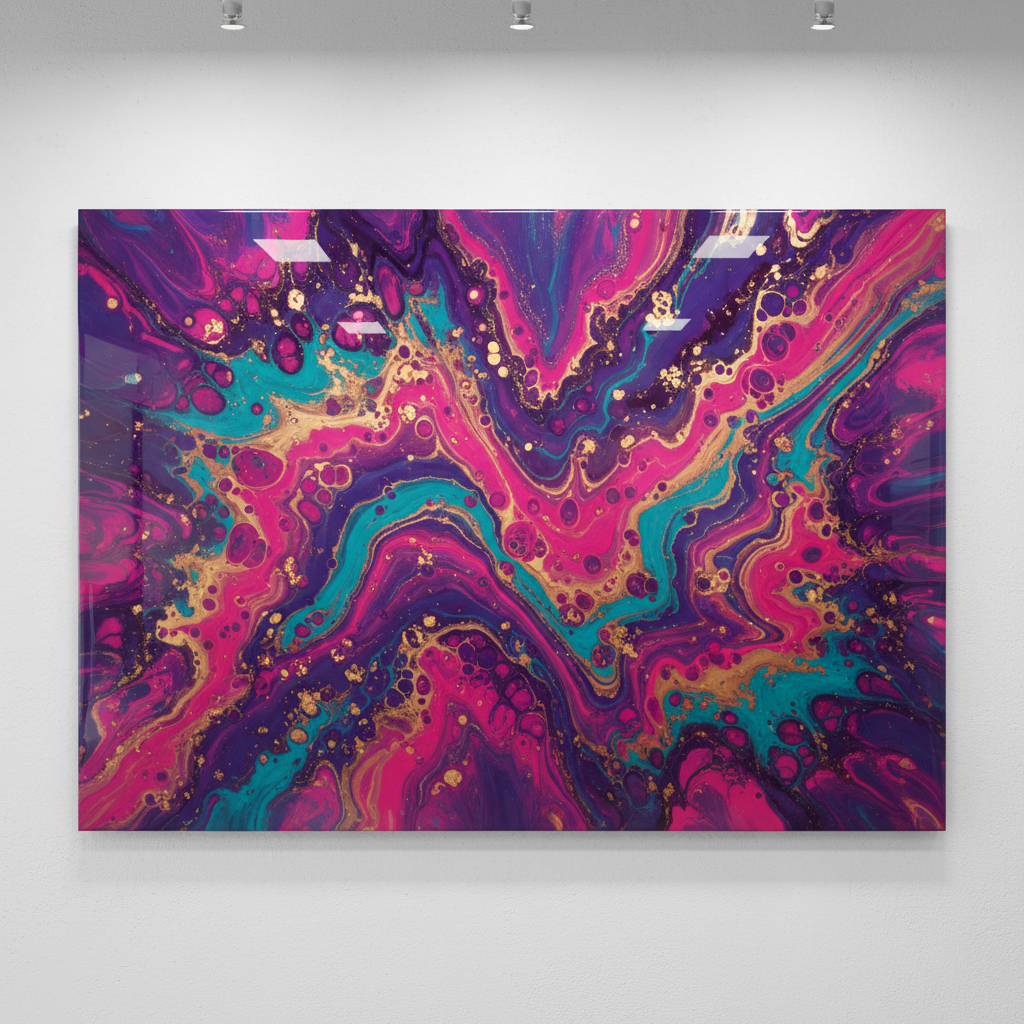 AI abstract art panel — fluid marble liquid art with ultraviolet purple, hot pink, electric teal, and metallic gold swirls, glossy resin gallery wall piece, AI artistic styles output
