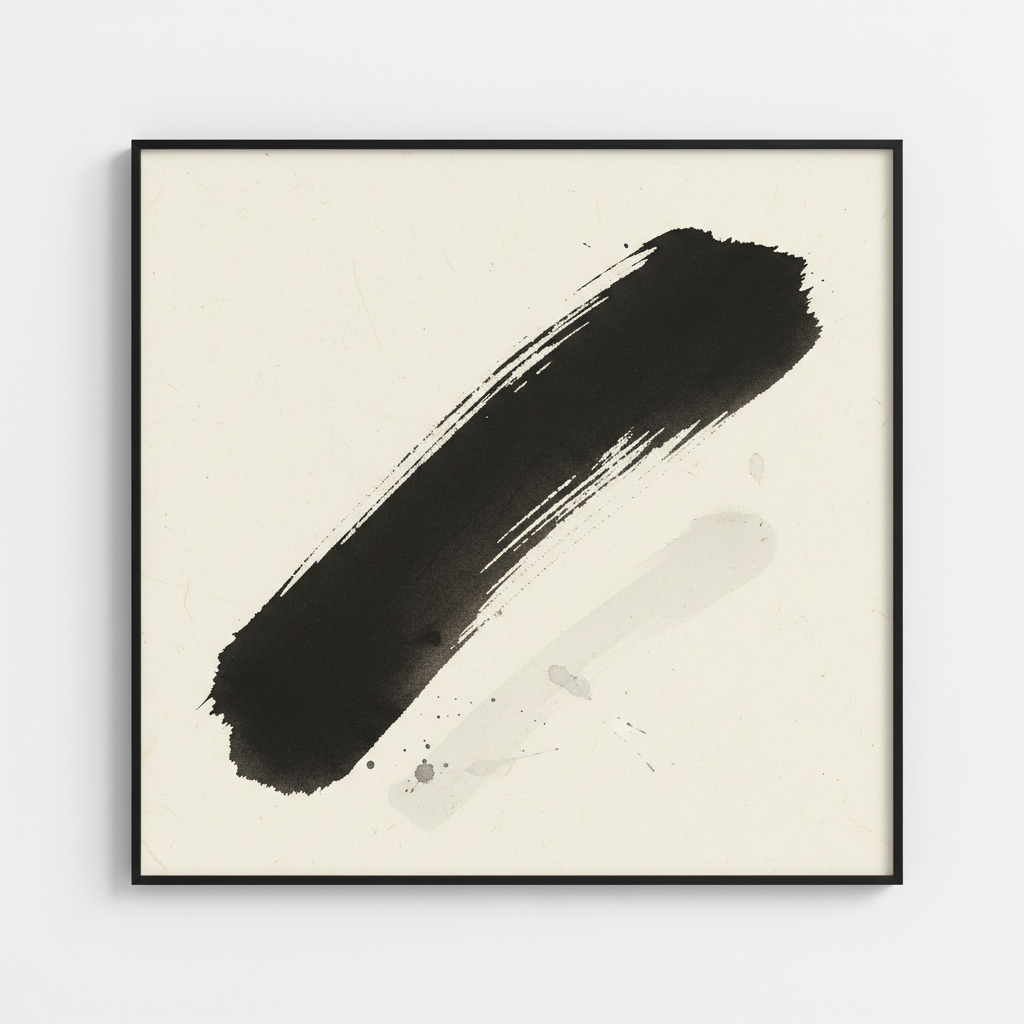 AI abstract art panel — minimalist composition with single bold ink-black gestural brushstroke on ivory canvas, museum-quality sumi-e influenced AI abstract designs