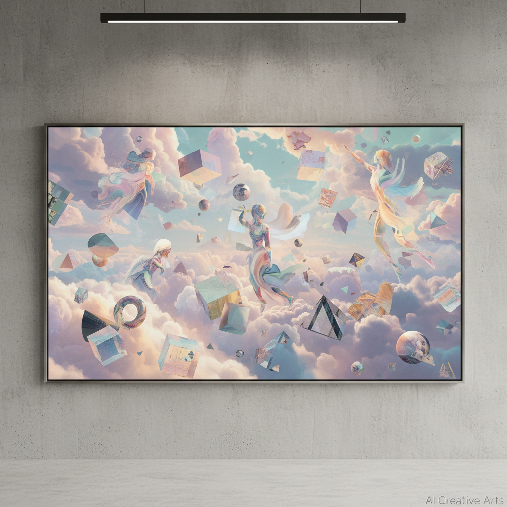 AI abstract art panel — surreal dreamscape with floating geometric shapes and pastel lavender peach mint cloud backgrounds, AI abstract images for creative professionals