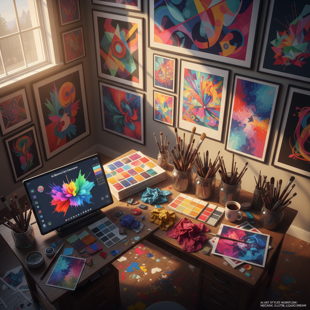 AI abstract art workspace — overhead view of artist studio with abstract prints on the wall, color palette swatches, tablet showing AI abstract art generator interface, AI artistic styles workflow