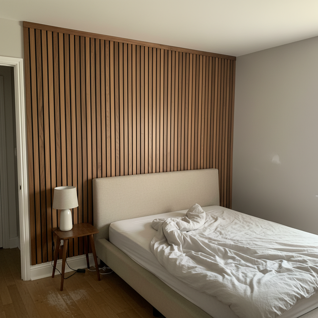 AI accent wall design generator result: a bedroom with one wall faced in warm walnut vertical slats over a matt black backing board, capped by a horizontal top rail, stopping at a clean internal corner against a plain grey wall, with a low oatmeal linen headboard and a tripod bedside table in front of it.