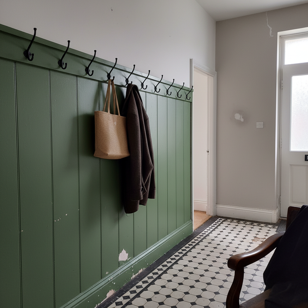 AI accent wall design generator result: a narrow terraced hallway with one side panelled in deep olive green up to a cap rail carrying a row of black cast iron hooks, chipped at knee height, above black and white encaustic floor tiles, with plain white plaster above and on the wall opposite.