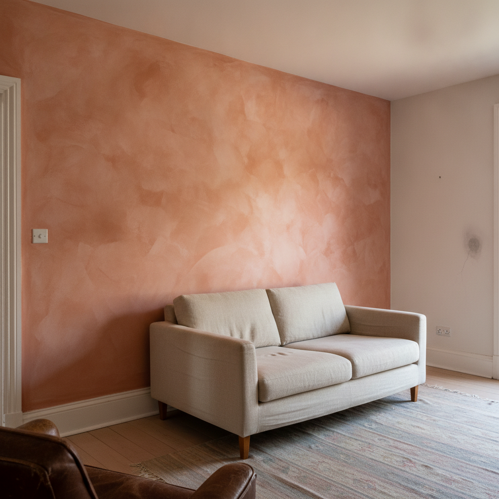 AI accent wall design generator result: a living room with one wall in cloudy terracotta limewash, mottled with soft-edged drifts of rust and chalky pink, stopping at an internal corner against a plain pale wall, with an oatmeal linen sofa in front of it and a leather armchair cut by the bottom of the frame.