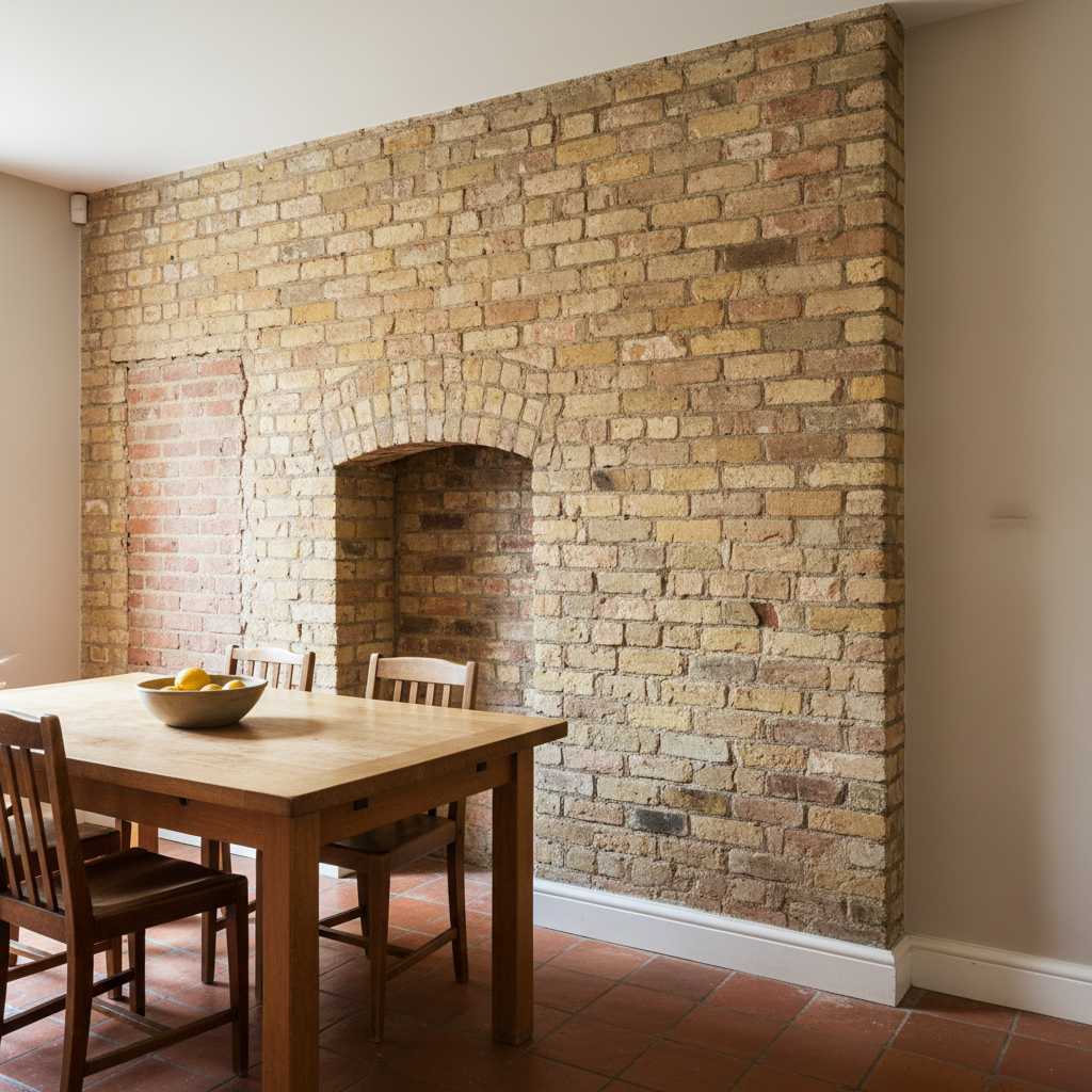 AI accent wall design generator result: a kitchen diner with one wall stripped to reclaimed yellow London stock brick, a projecting chimney breast with a shallow brick arch over its opening, a pinker patch of brick where a doorway was filled in, an oak table with a bowl of lemons and quarry tile floor.