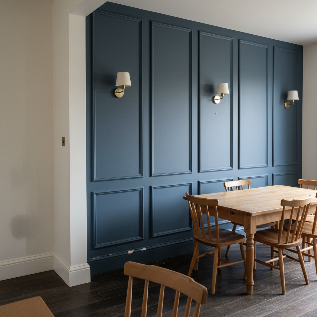 AI accent wall design generator result: a dining room with one wall of applied picture frame mouldings painted the same inky blue grey as the wall and skirting, lit by three brass wall lights, stopping at a corner against plain cream, with an oak table and spindle back chairs in front of it.
