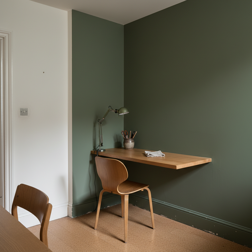 AI accent wall design generator result: a small home office with one wall in flat matt olive green, an oak desk top let into slots cut in the plaster with no bracket and no leg at the wall end, an anglepoise lamp clamped to its front edge, a plywood chair and a cork tile floor.