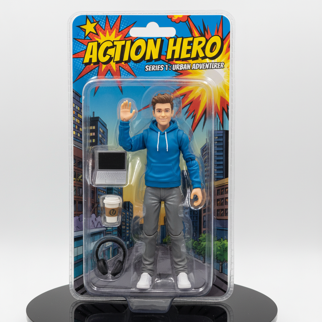AI action figure generator result — a man turned into a boxed ACTION HERO toy with laptop and coffee accessories
