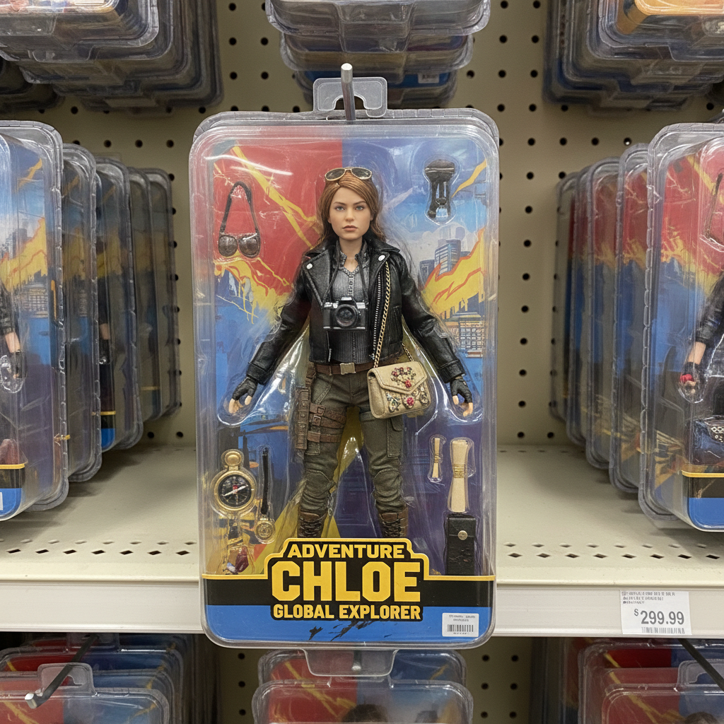 Custom AI action figure of a woman in clamshell toy packaging with camera, sunglasses and handbag accessories