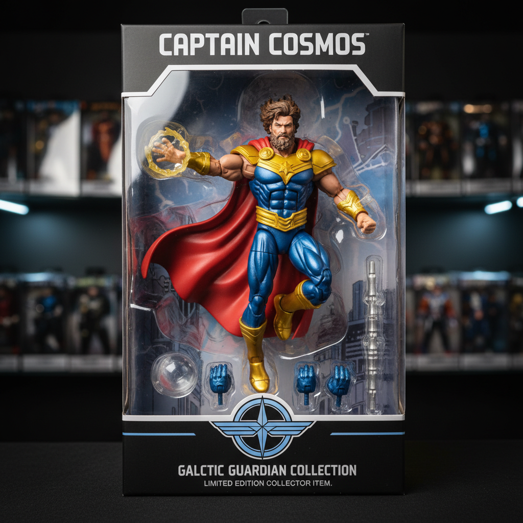 Superhero-style AI action figure of a bearded man posed in a premium toy box with accessories