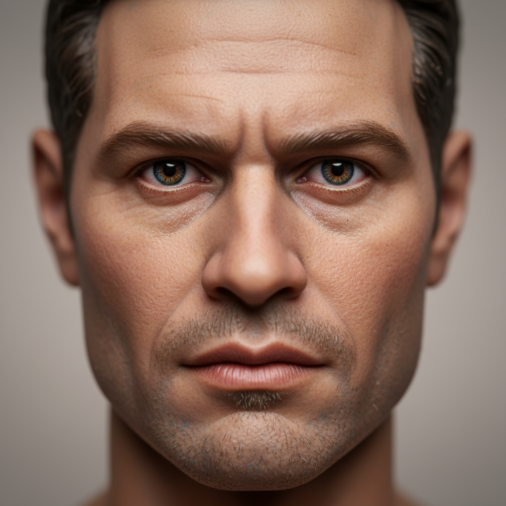 Close-up of a custom AI action figure face showing detailed sculpting and realistic paint