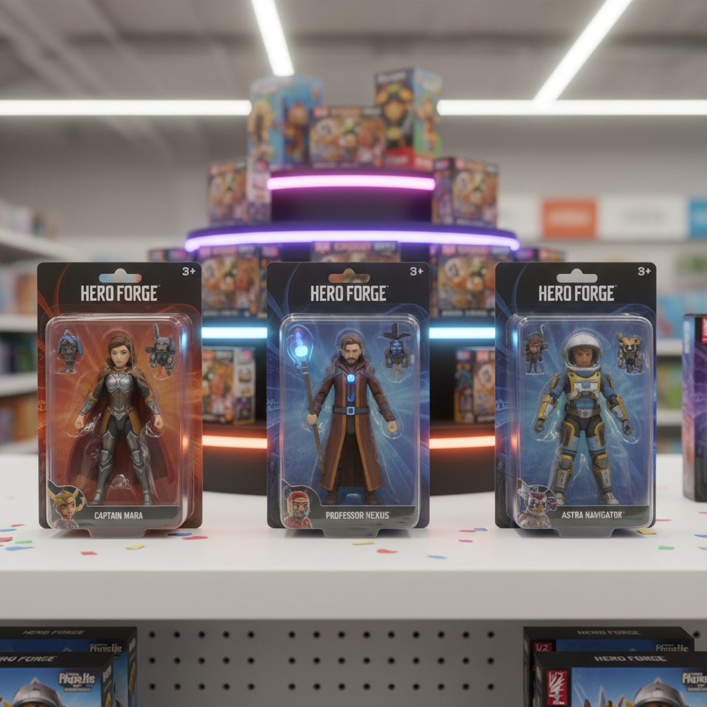 A row of three diverse personalized AI action figures in branded blister-pack toy packaging on a store shelf