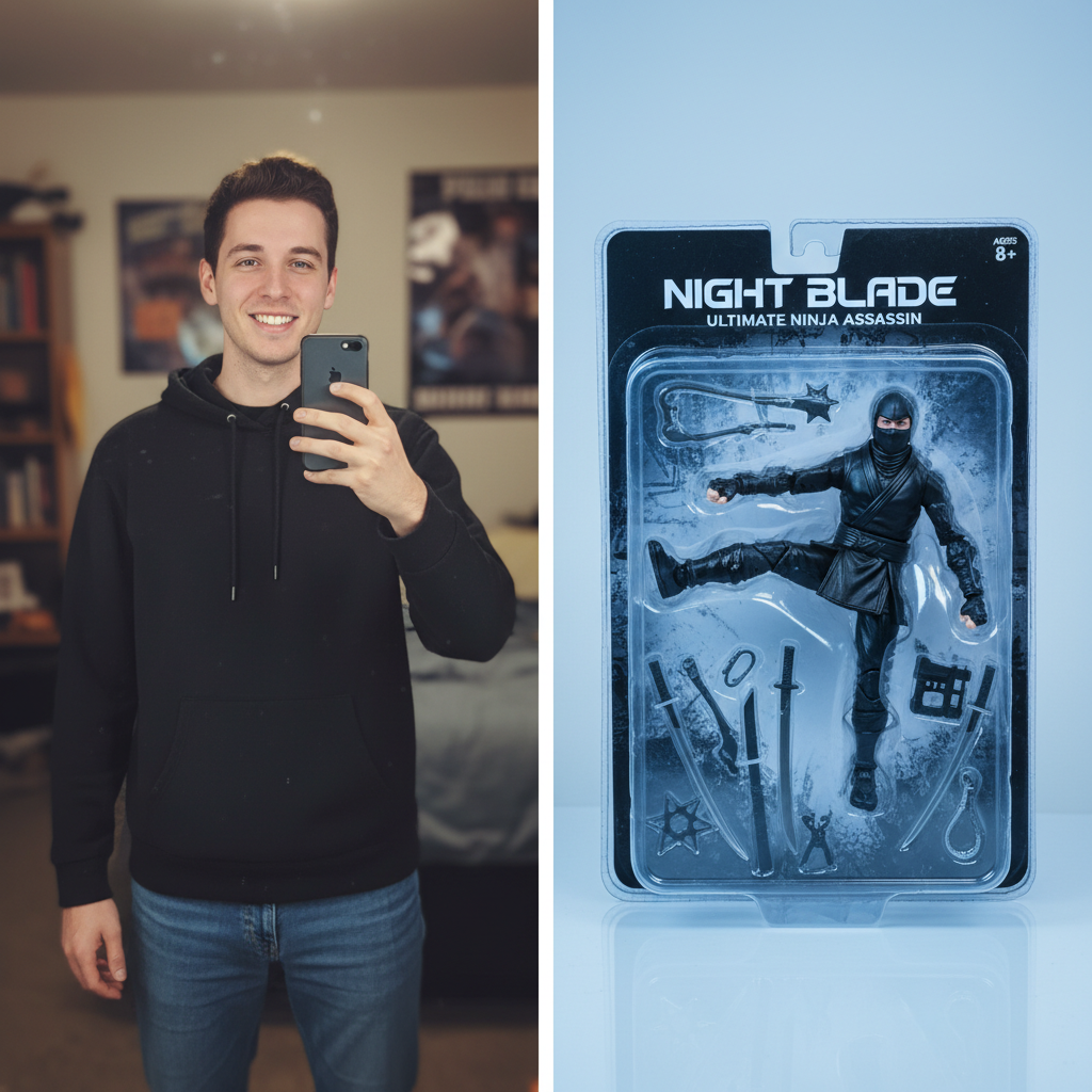 Before and after — a casual selfie transformed into a boxed AI action figure toy with accessories