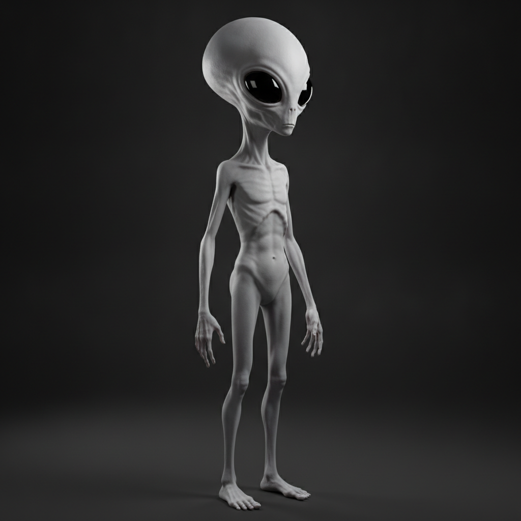 AI alien generator output — classic grey alien extraterrestrial with smooth grey skin and large almond-shaped black eyes on a dark sci-fi background, alien character generator output