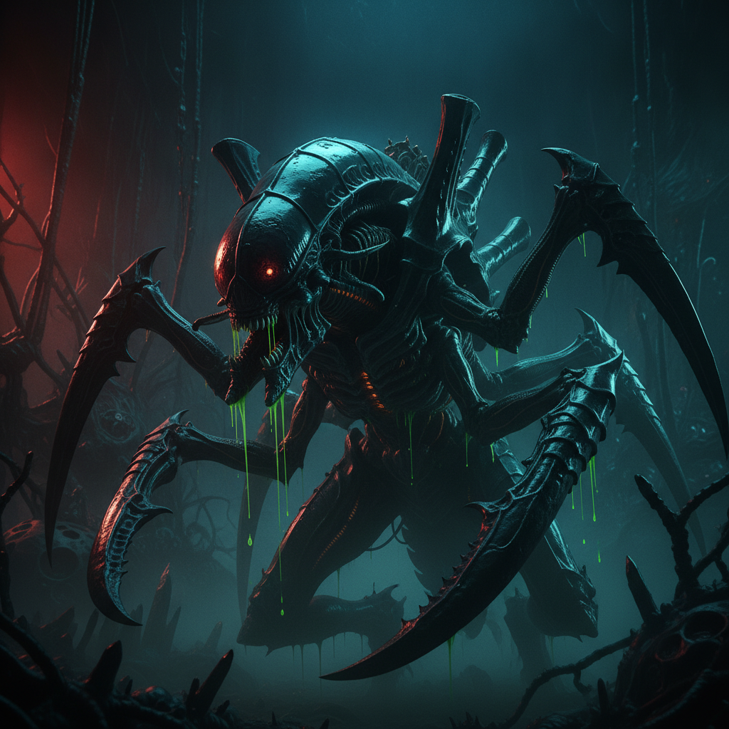 AI alien generator output — terrifying insectoid alien creature with chitinous exoskeleton and dripping mandibles in a dark biomechanical hive, alien creature generator output