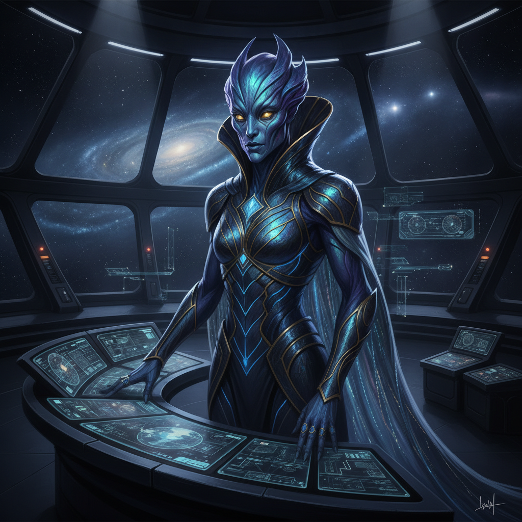 AI alien generator output — noble humanoid alien with blue iridescent skin, facial ridges, and ornate sci-fi armor in a spaceship interior, alien art generator output