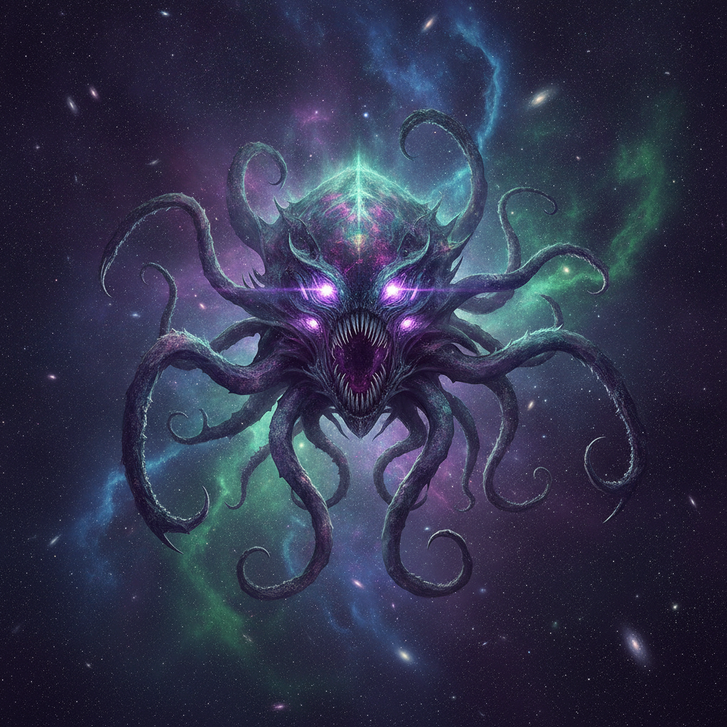 AI alien generator output — eldritch cosmic-horror entity with glowing otherworldly eyes against a swirling nebula, extraterrestrial generator output