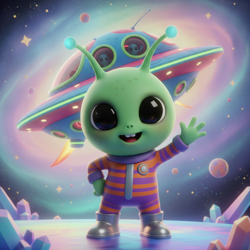 AI alien generator output — cute friendly cartoon alien with big round eyes and antennae on a colorful spaceship background, alien image generator output