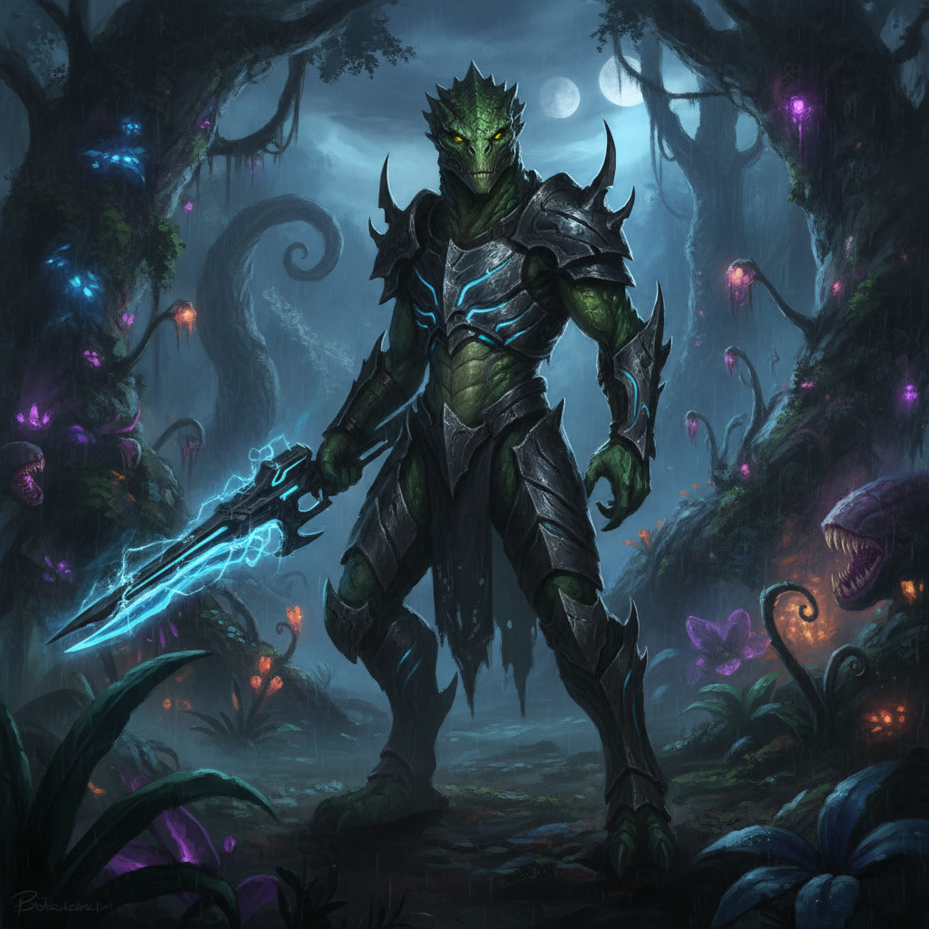 AI alien generator output — reptilian warrior alien with scaled green skin, battle armor, and an energy weapon on a jungle planet, ai alien art generator output