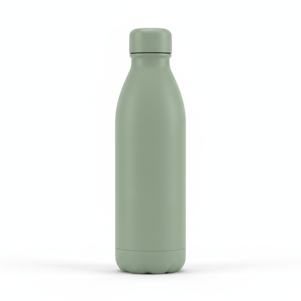 AI Amazon listing image generator result: a matte sage green insulated bottle standing upright, dead centre, on a pure seamless white background with a faint contact shadow under the base and nothing else in the square frame. The parts that matter most all landed. The background is a genuine flat white with no gradient and no visible sweep corner, the product is perfectly upright and perfectly centred, the lighting is soft and even with no blown highlight down the body, and the frame is completely clean: no props, no lettering, no logo, no watermark, no border. That is the entire main image rule set except for one number, and it is the number it missed. The brief asked for the product to fill about eighty five percent of the frame and it came back filling closer to sixty, with a wide margin of dead white all the way around it. On a search results page that is the difference between a thumbnail you can read and one you scroll past. The other slip is the cap, which was specified with a brushed steel collar ring and arrived as a plain green cap with no ring at all, which matters because the next five frames drew it differently again.