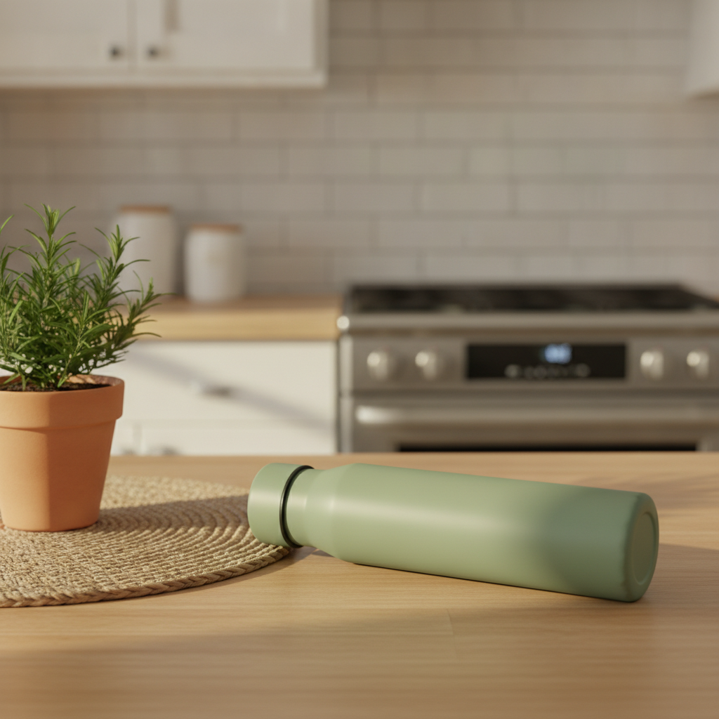 AI Amazon listing image generator result: a lifestyle shot with the sage green bottle lying on its side on a light oak kitchen counter, a rosemary plant in a terracotta pot and a round woven placemat beside it, a white subway tile splashback and a stainless range softly blurred behind. As a photograph this is the strongest frame in the set. The morning light is genuinely directional, the depth of field falls off properly behind the counter, the placemat and the herb are exactly the two props that were asked for and nothing else crept in, and the range control panel behind is blurred far enough that no invented lettering survived on it. Two things went wrong and both are instructive. The bottle was described as resting on the counter and the model read resting as lying down, so the hero product is on its side in the one image meant to show somebody using it. And the continuity broke here for the first time: this bottle has a black gasket ring below the cap, a narrower shoulder and a smoother base than the bottle in the main image, so frame one and frame two are already two different products.