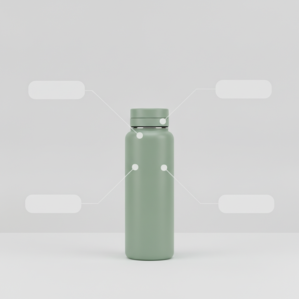 AI Amazon listing image generator result: a feature infographic layout with the sage green bottle centred on a pale grey studio backdrop, four thin white callout lines running from four small dots on the product out to four empty rounded rectangle plates, two on the left and two on the right. This is the frame that proves the workflow. Four plates were asked for and four arrived, evenly balanced two per side, and every one of them is completely blank, which is exactly the point: you add the real feature copy yourself in any editor and you never ship a render full of half legible invented words. The callout lines are clean, thin and consistent, and the leader dots sit on the product rather than floating beside it. Two faults. Two of the four dots are parked on plain body with no feature under them, so half the callouts point at nothing in particular and you will have to move them before the copy makes sense. And the bottle is a third version again, taller and straighter than frame one, now wearing the brushed steel collar that the main image was supposed to have and did not.