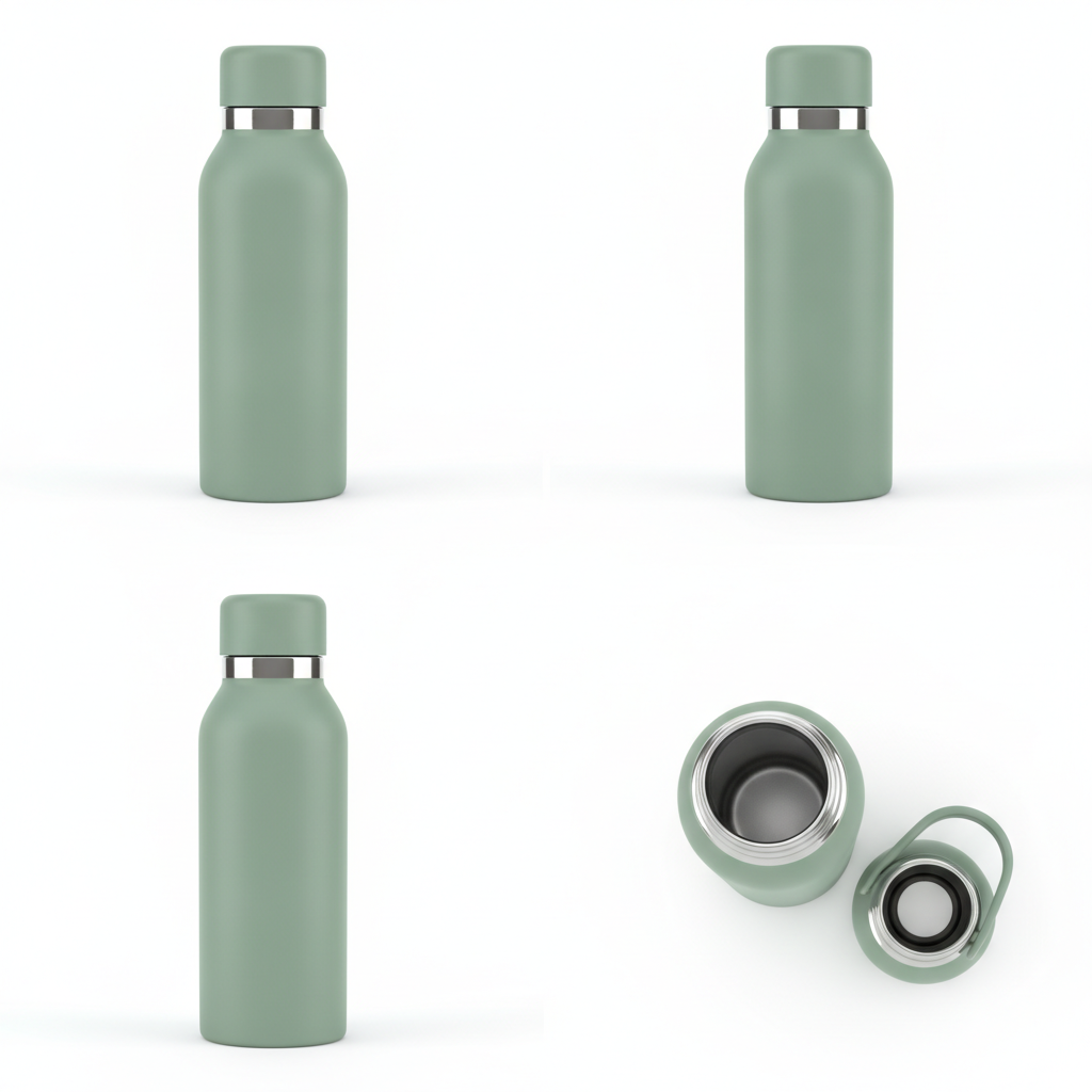 AI Amazon listing image generator result: a two by two multi angle grid on pure white, with three upright views of the sage green bottle and a fourth view showing the bottle tipped over with its cap unscrewed and lying beside it, revealing the polished steel interior of the neck and the inside of the cap. The scale discipline is perfect, which is the hard part of a grid: all four views are rendered at identical size, identical height in their cells, identical lighting and identical white, so the grid reads as one product rather than four photographs stuck together. The open cap view is genuinely useful and shows the steel liner clearly. The failure is the brief itself. Four distinct angles were asked for, front, side, three quarter and top down, and the first three came back as three near identical front views that a customer cannot tell apart, while the fourth is a tipped over view rather than the top down of the open mouth that was requested. A four image grid where three cells carry the same information is three wasted cells on a listing that only gets seven.