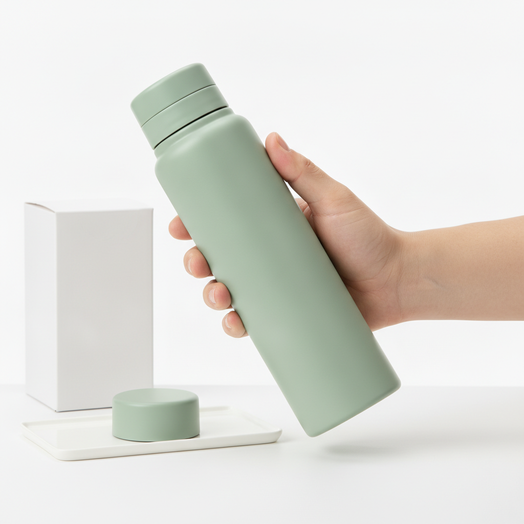 AI Amazon listing image generator result: a scale reference shot with a hand holding the sage green bottle horizontally against a white studio background, a plain white rectangular box standing behind on the left, and a small white tray in the foreground carrying a loose sage green cap. The hand is the surprise. It is anatomically correct, five fingers, natural knuckles, believable skin tone and a plausible grip, which is the single thing this kind of model is famous for ruining, and it gives you a real sense of the diameter. Everything around the hand went wrong. The brief said pure white background and nothing else, and the model invented three props: a packaging box, a tray and a second cap. Worse, the bottle in the hand is still capped, so the frame now shows one bottle and two caps, which is the kind of detail a returns claim is built on. And a main image with a box in it would be rejected outright, so this frame can only ever be a secondary. The lesson is blunt: this model adds objects to fill space, and a marketplace main image is defined by what is not in it.