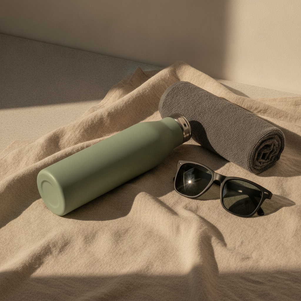 AI Amazon listing image generator result: an A plus content style flat lay with the sage green bottle lying on rumpled sand coloured linen, a rolled grey hiking towel behind it and a pair of plain black sunglasses to the right, lit by warm low side light that throws long soft shadows across the fabric. This is the best lit frame on the page and the one you would actually put in a brand story module. The linen creases read as real cloth rather than as noise, the towel is genuinely rolled with a visible spiral end, the sunglasses are a plain unbranded shape with nothing written on the arm, and the light is a single warm source with a clean falloff. Every prop asked for arrived and none were added. The continuity problem is at its worst here though. This bottle has concentric rings moulded into its base, no steel collar, a longer neck and a paler green than any of the previous five, so across six frames you can count at least three different bottles. For a lifestyle module on its own that does not matter much. For a listing where a customer scrolls from the main image straight into the brand story, it does.
