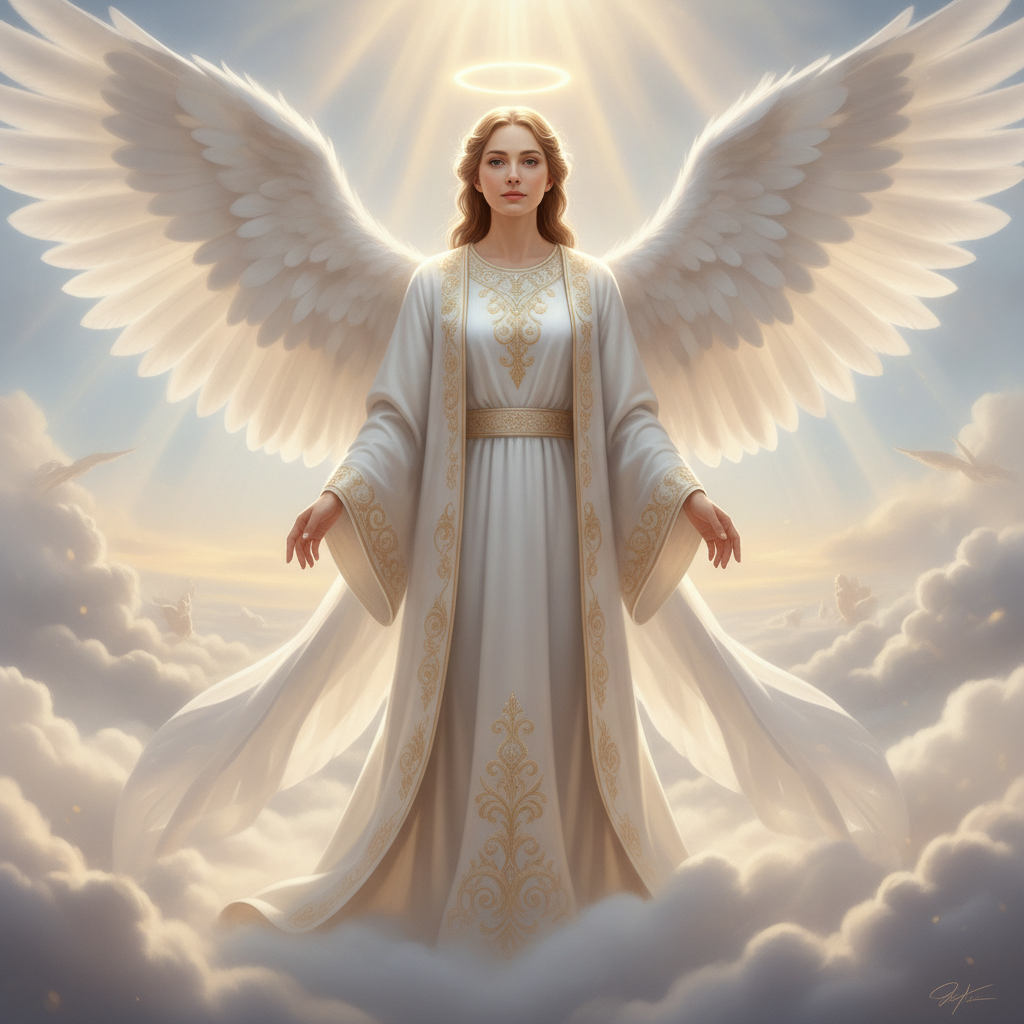 AI angel generator result showing a person turned into a classic heavenly angel with large white feathered wings, a golden halo and a glowing white robe among clouds, real face preserved