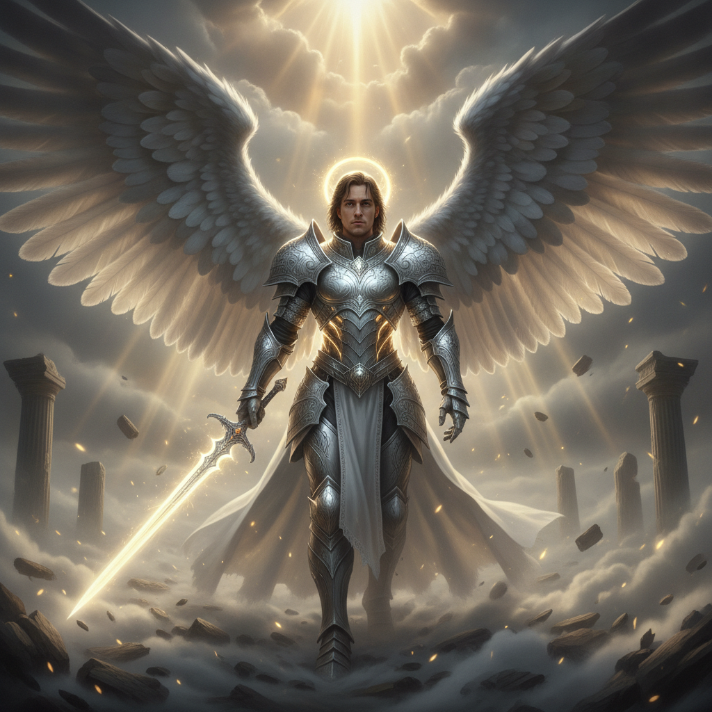 AI angel generator result showing a person as a guardian warrior angel with massive white-and-silver wings, glowing celestial armor and a sword of light on a cloudy battlefield, real face kept recognizable
