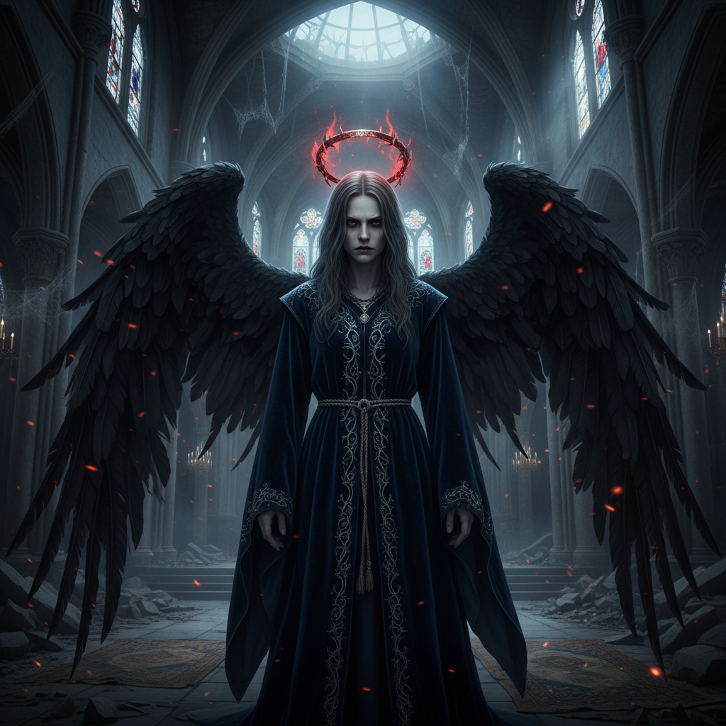 AI angel generator result showing a person as a dark fallen angel with large black wings, pale skin and a dim broken halo in a moody cathedral with drifting embers, real facial features recognizable