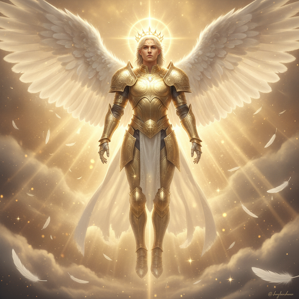 AI angel generator result showing a person as a majestic archangel with enormous luminous wings, golden ceremonial armor and a crown of light in a radiant golden heaven, real face kept recognizable