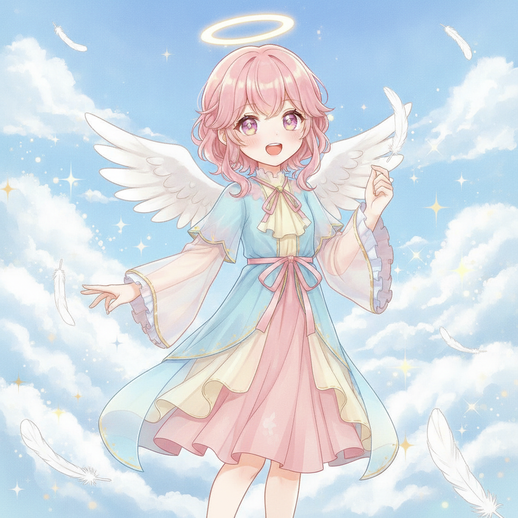 AI angel generator result showing a person as a cute anime-style angel with small fluffy white wings, a glowing halo and a pastel robe on a dreamy sky background, real facial features recognizable