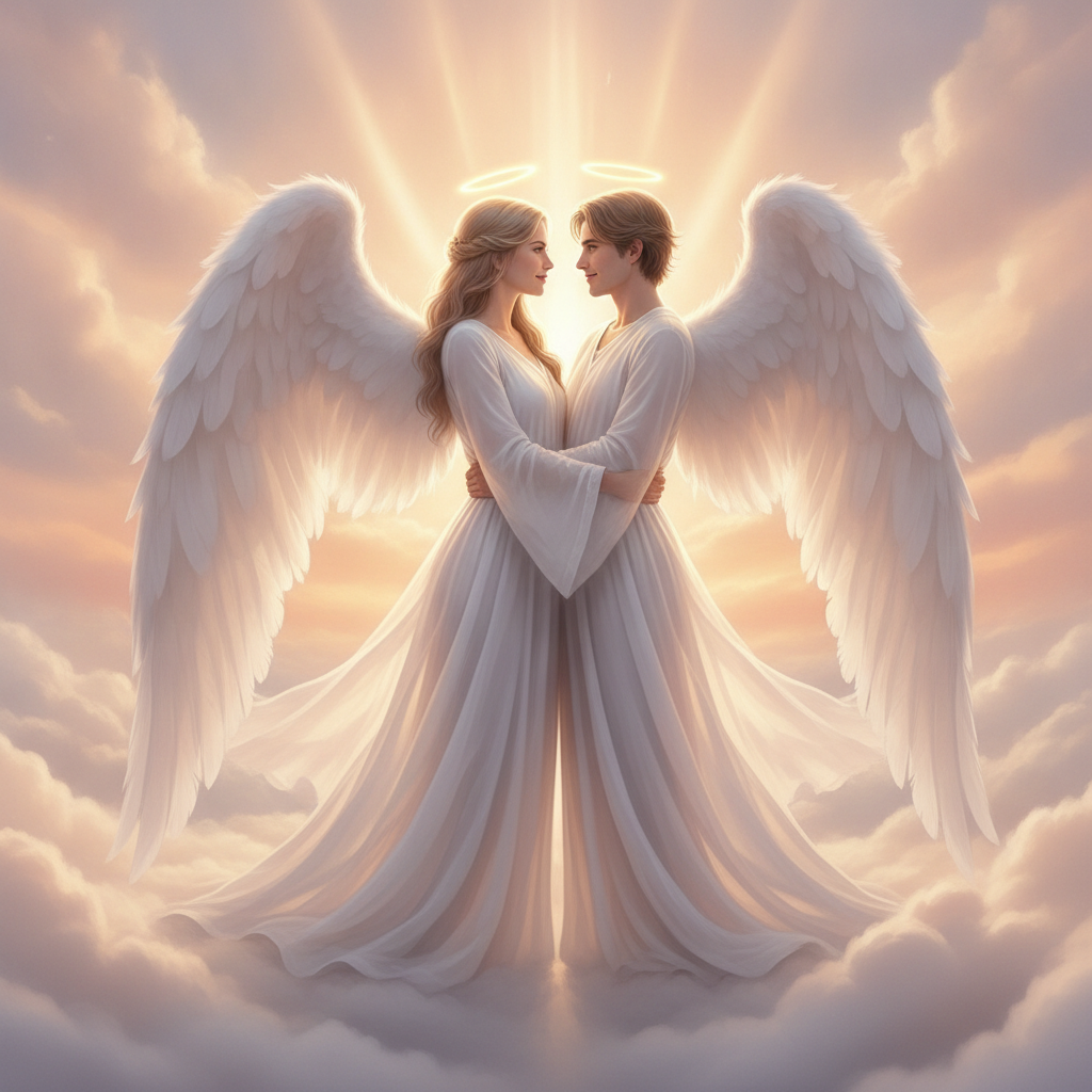 AI angel generator result showing a couple turned into two matching angels with white feathered wings, golden halos and flowing robes among clouds in heavenly light, both real faces preserved
