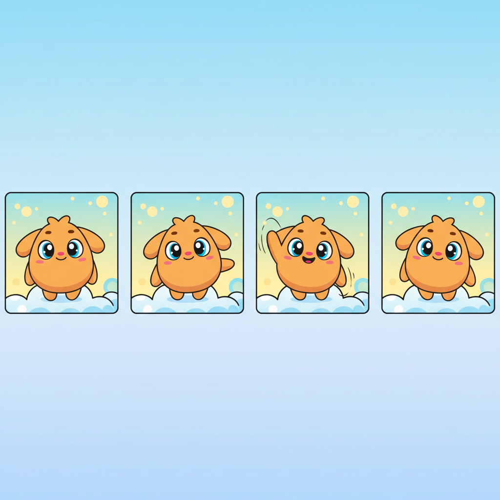 AI animated GIF storyboard of a cute cartoon character waving across sequential frames