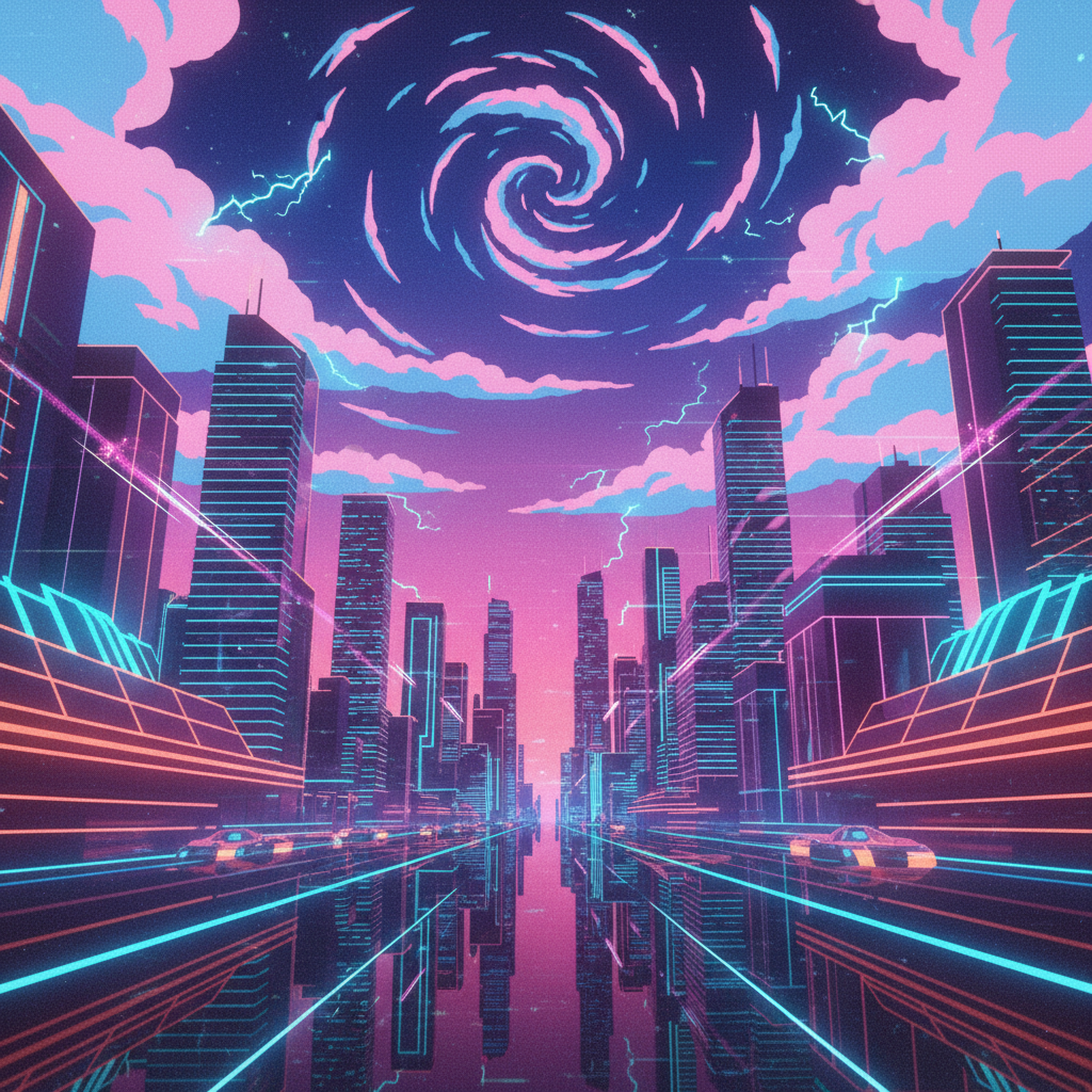 AI seamless looping GIF of a glowing neon cityscape with pulsing lights