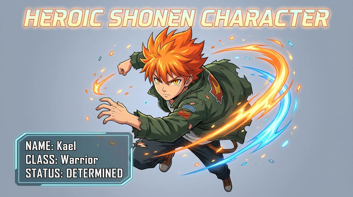AI anime character generator — a heroic shonen anime boy with spiky orange hair, golden eyes, and a battle-worn jacket, 4K