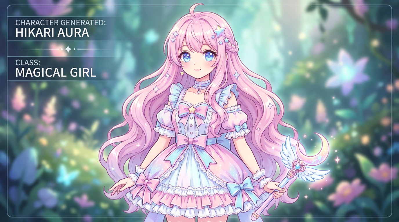 AI anime character generator — a magical shoujo girl with long pink hair, a frilly pastel outfit, and a glowing wand