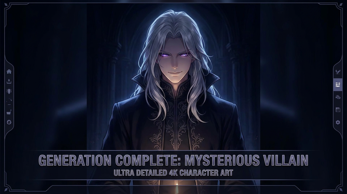 AI anime character creator — a mysterious villain with silver hair, violet eyes, and a dark elegant coat