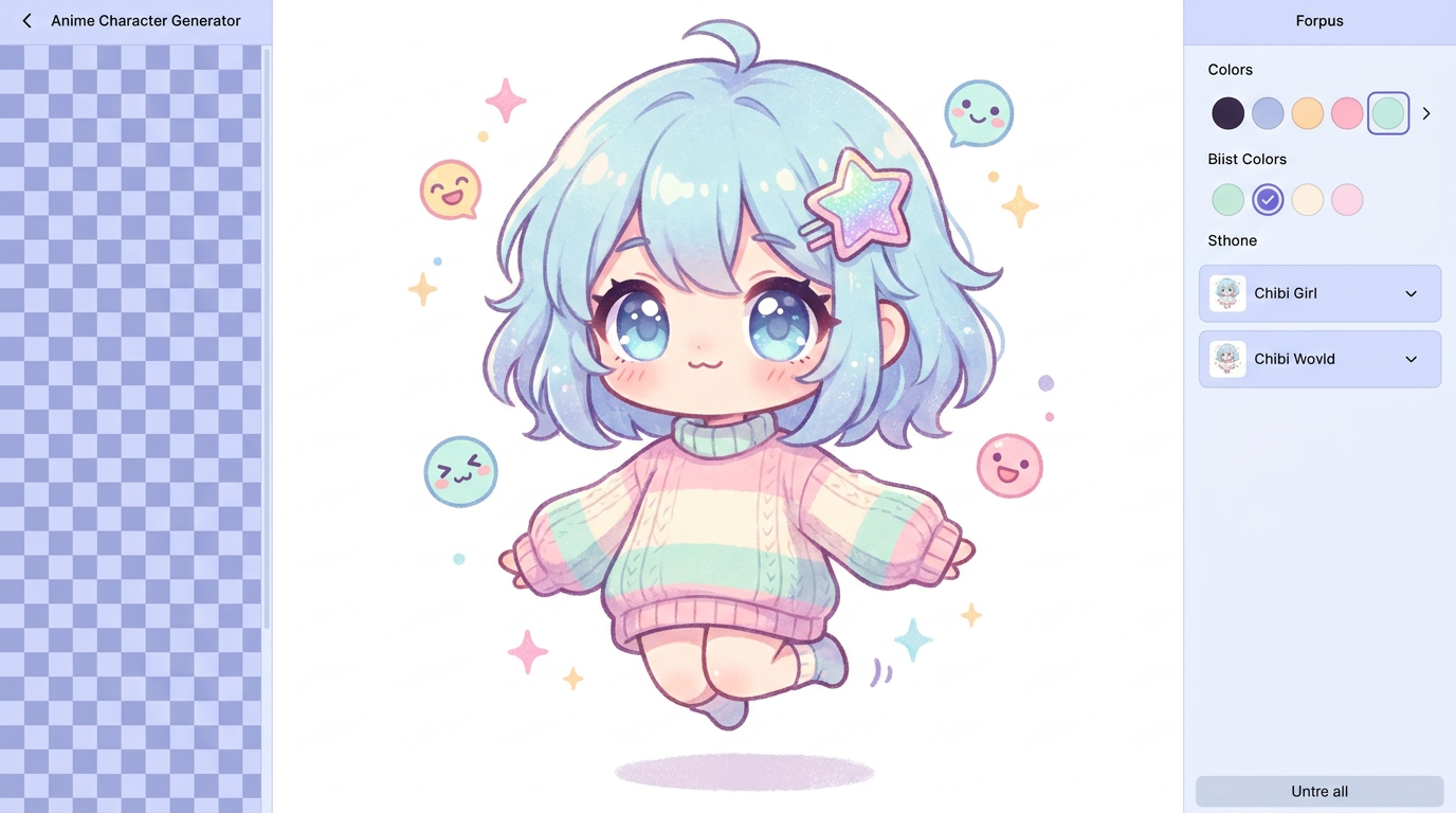 AI anime character generator — a cute chibi anime character with fluffy blue hair, huge sparkling eyes, and an oversized sweater