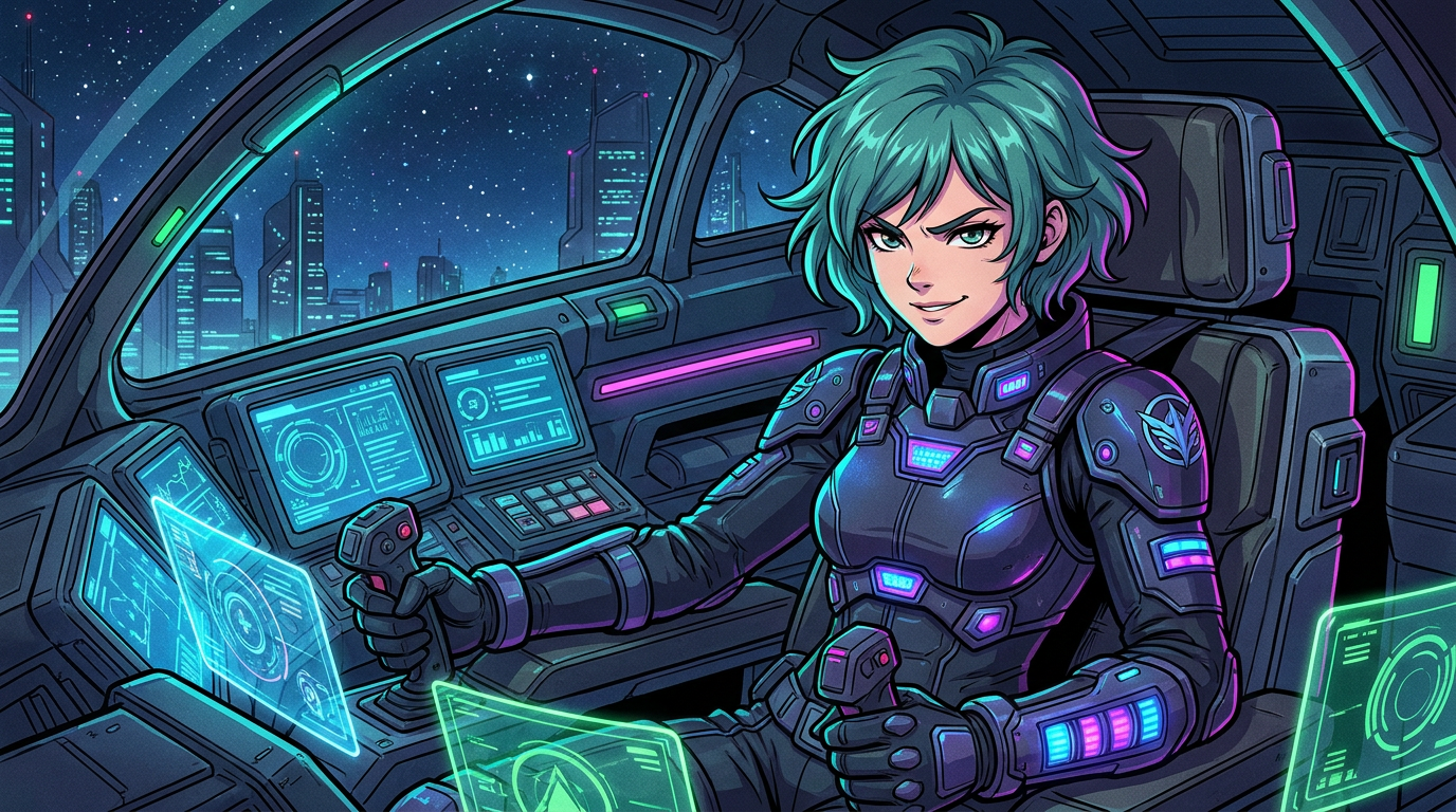 AI anime character generator — a mecha pilot anime girl with teal hair in a futuristic flight suit with glowing panels
