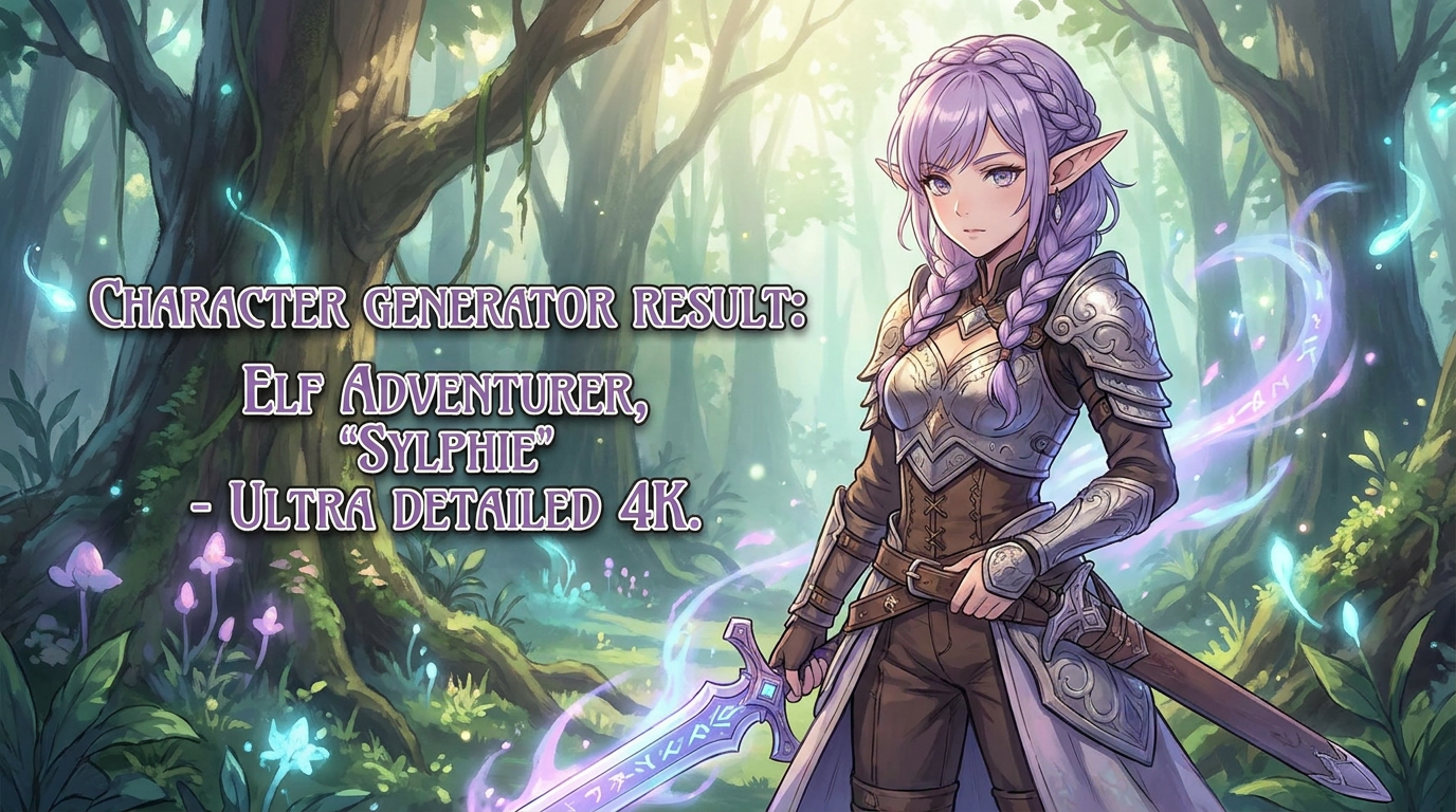 AI anime character generator — a fantasy isekai adventurer with lavender hair, elf ears, ornate armor, and a glowing sword