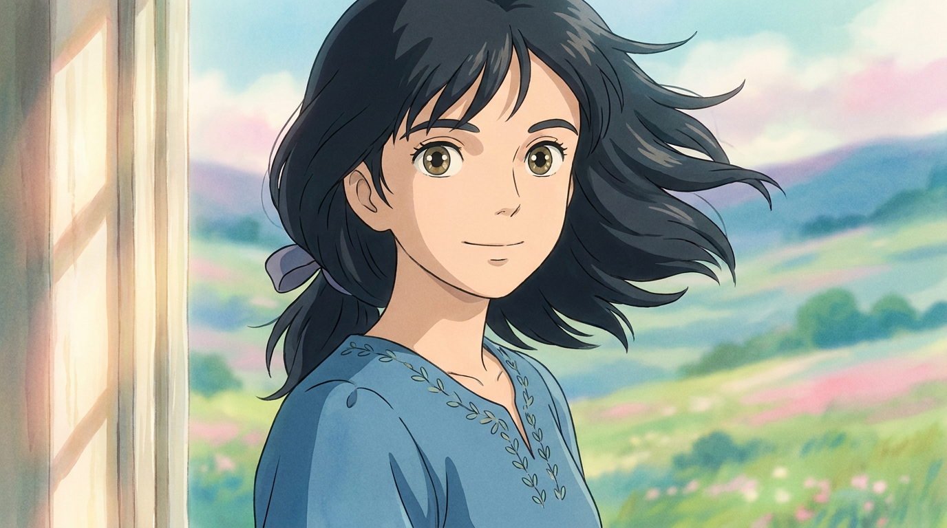AI anime filter result showing a young woman turned into a Studio Ghibli style anime character with soft hand-painted shading and big expressive eyes